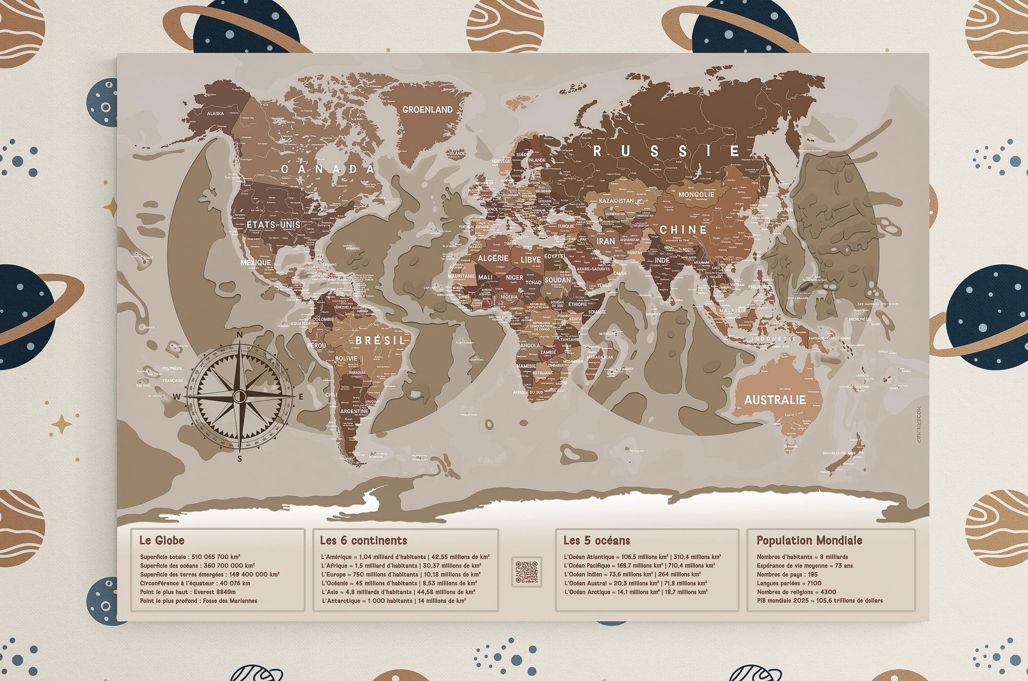 Carte du monde scolaire avec de nombreuses données géographiques - Modernmap