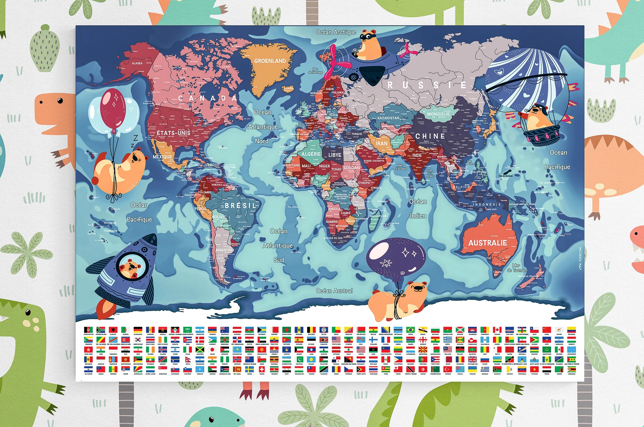 Carte du monde avec drapeaux multicolores pour enfant – Modernmap