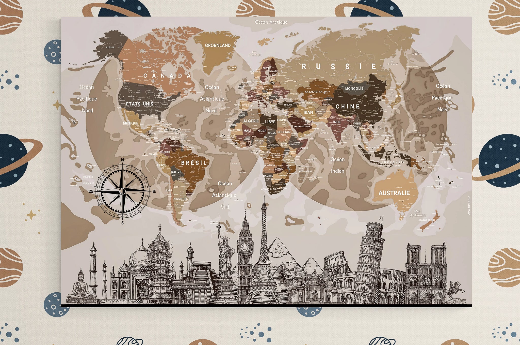 Poster carte du monde original avec les monuments les plus célèbres du monde – Modernmap