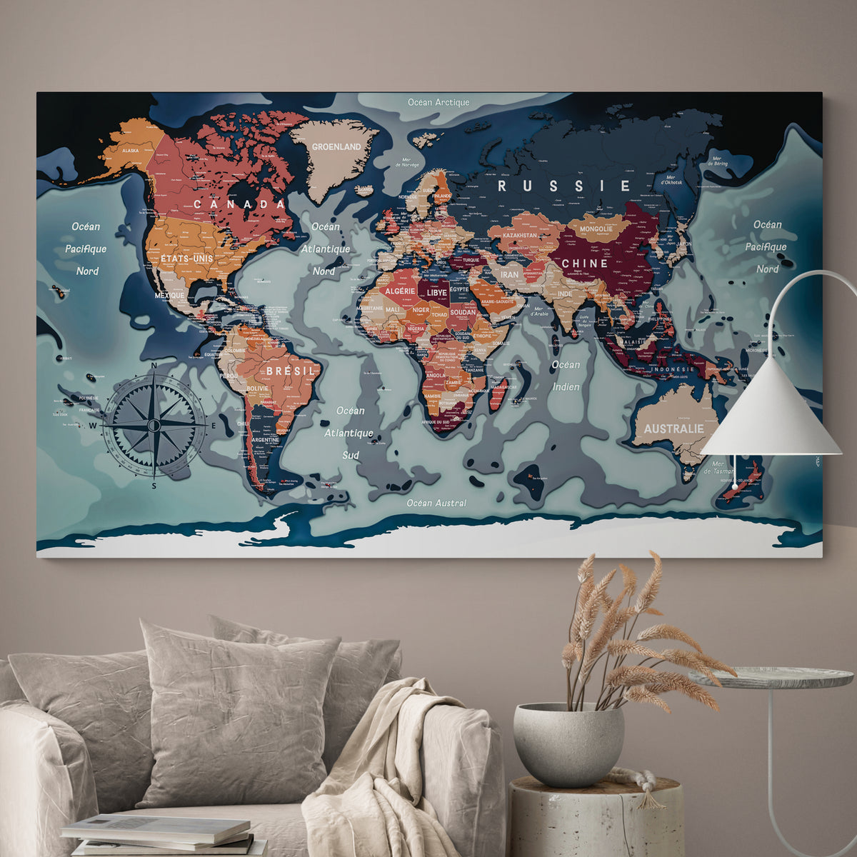 Tableau carte du monde XXL accroché au mur d'un salon - Modernmap
