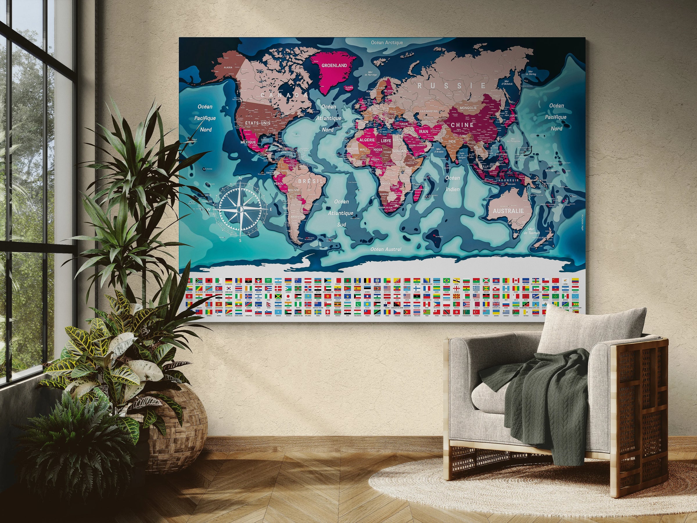 Carte du monde avec drapeaux en français et anglais