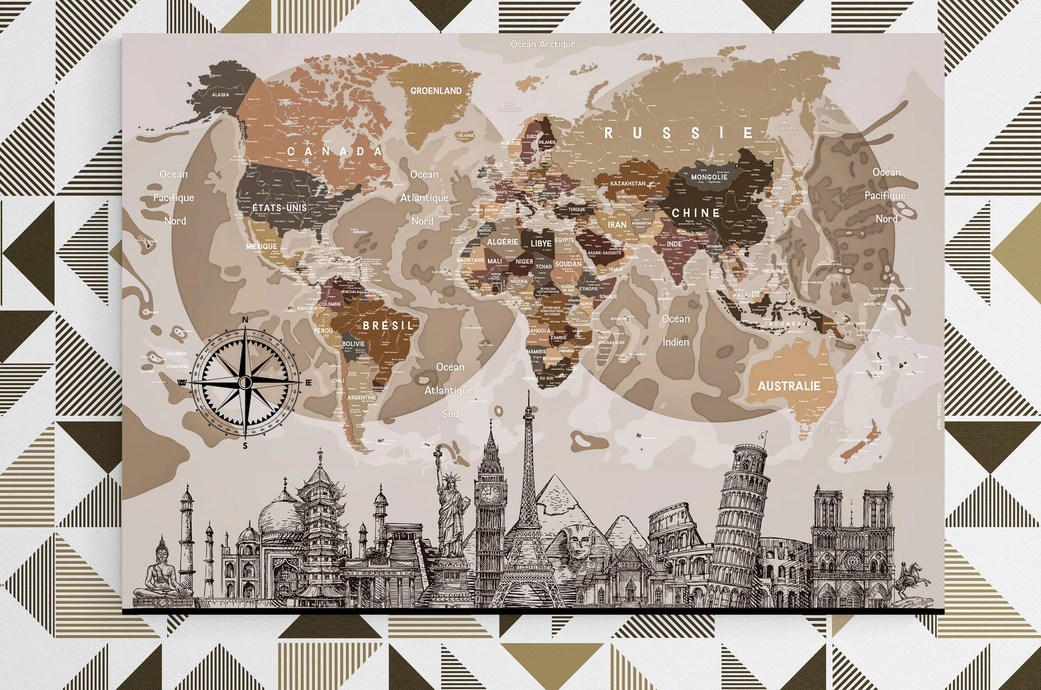 Carte géographique avec monument célèbres - Modernmap