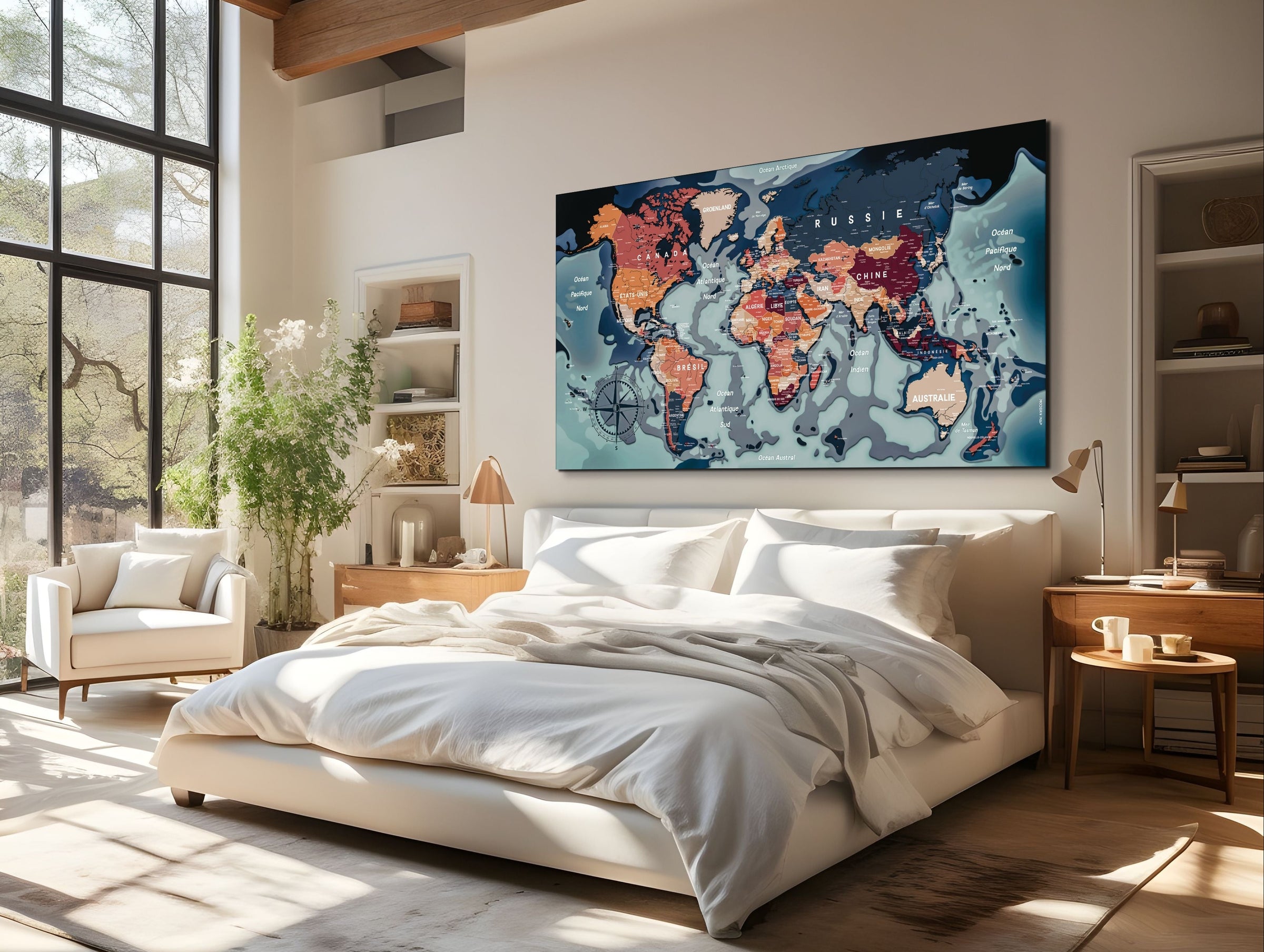 Planisphère politique XXL suspendu au mur d'une chambre _ modernmap